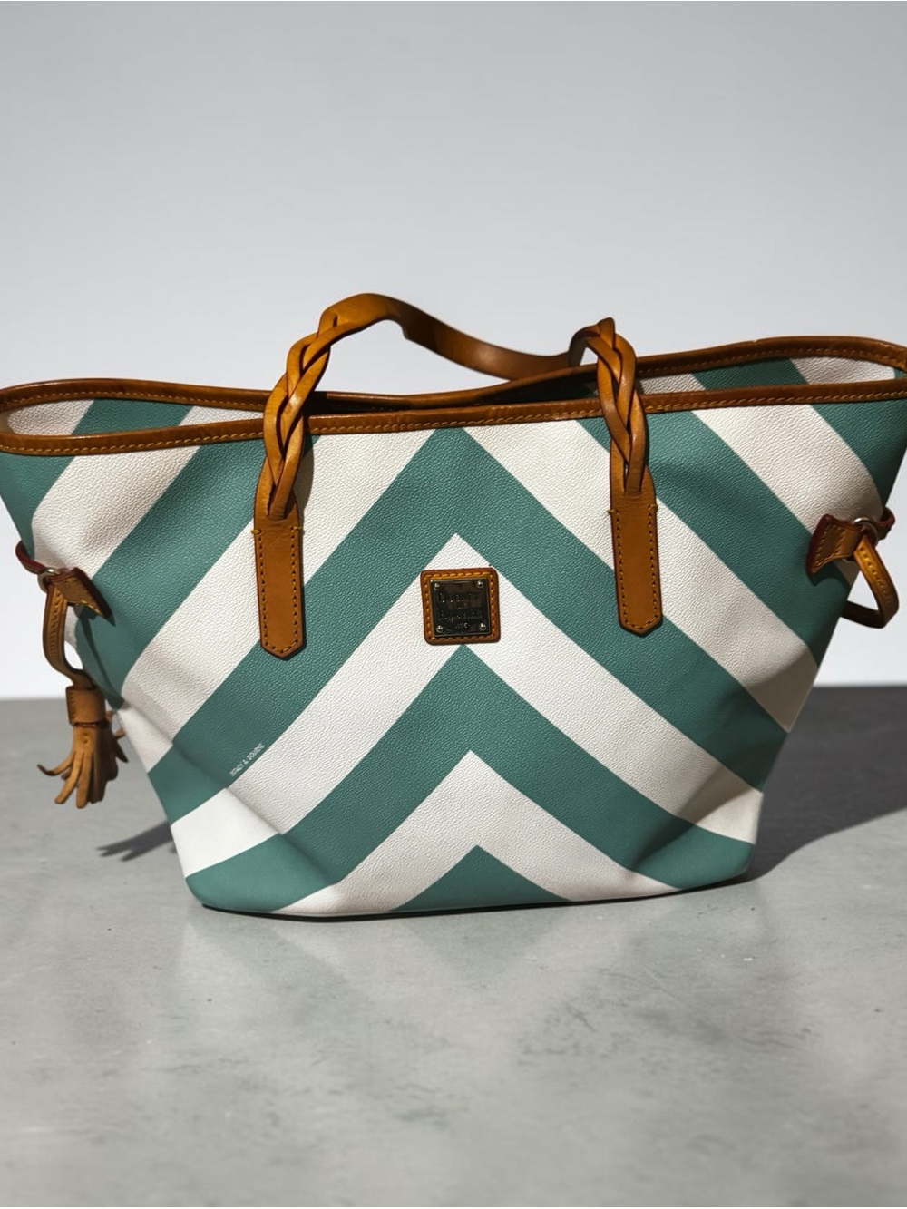 Dooney & Bourke Teal and White Chevron Tote with Braided Tan Handles